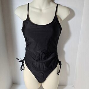 Black One Piece Swimsuit Size Small Adjustable Straps Gathered Tie Sides New